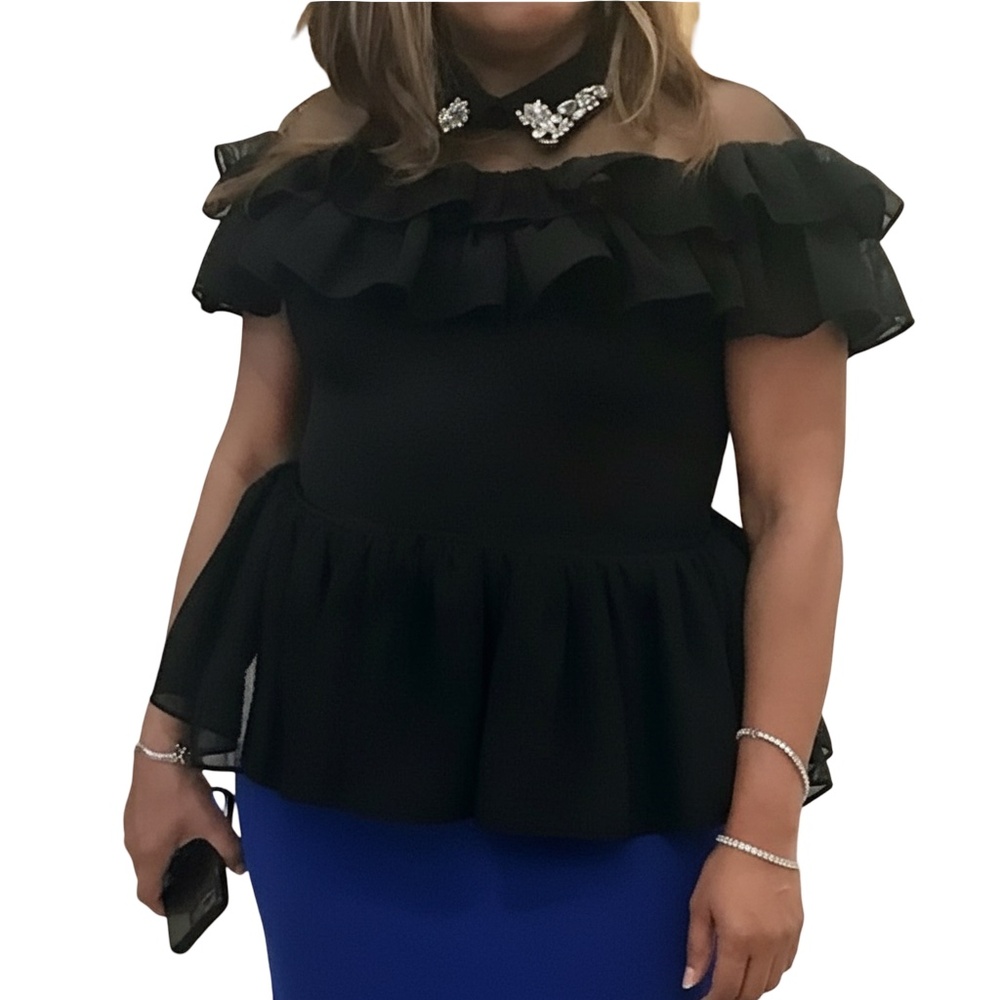 #A063 Gracia Black Peplum Ruffle Top with Bejeweled Collar Size S (NWT)